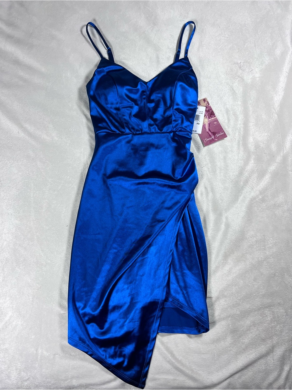 Emerald Sundae Dress Women’s XS Blue Satin V-Neck Strappy Sleeveless — HOCO